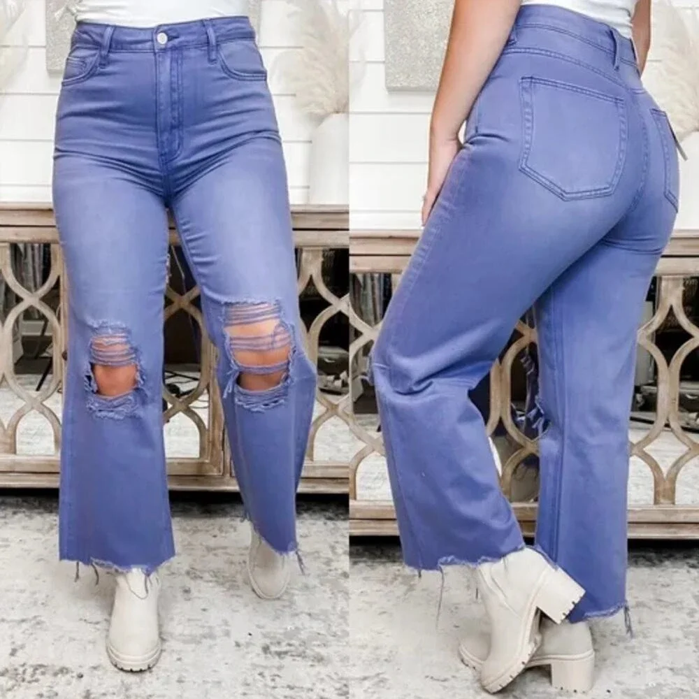 VERMET Wide Leg Jeans Distressed Ripped Crop Denim Size 30 Blue High‎ Rise 90s